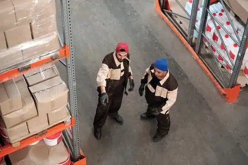 one warehouse worker directing another with his hands