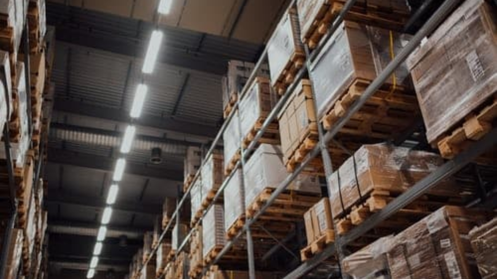 boxes on racks beneath florescent lights