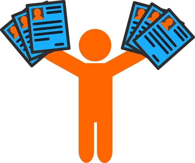 orange stick figure graphic holding up papers in both hands