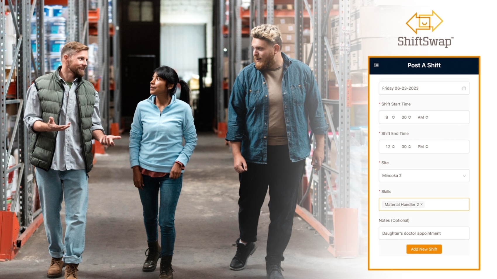 Warehouse employees walking with ShiftSwap "Post a Shift" screenshot included to demonstrate how easy it is to ask for a shift coverage at work