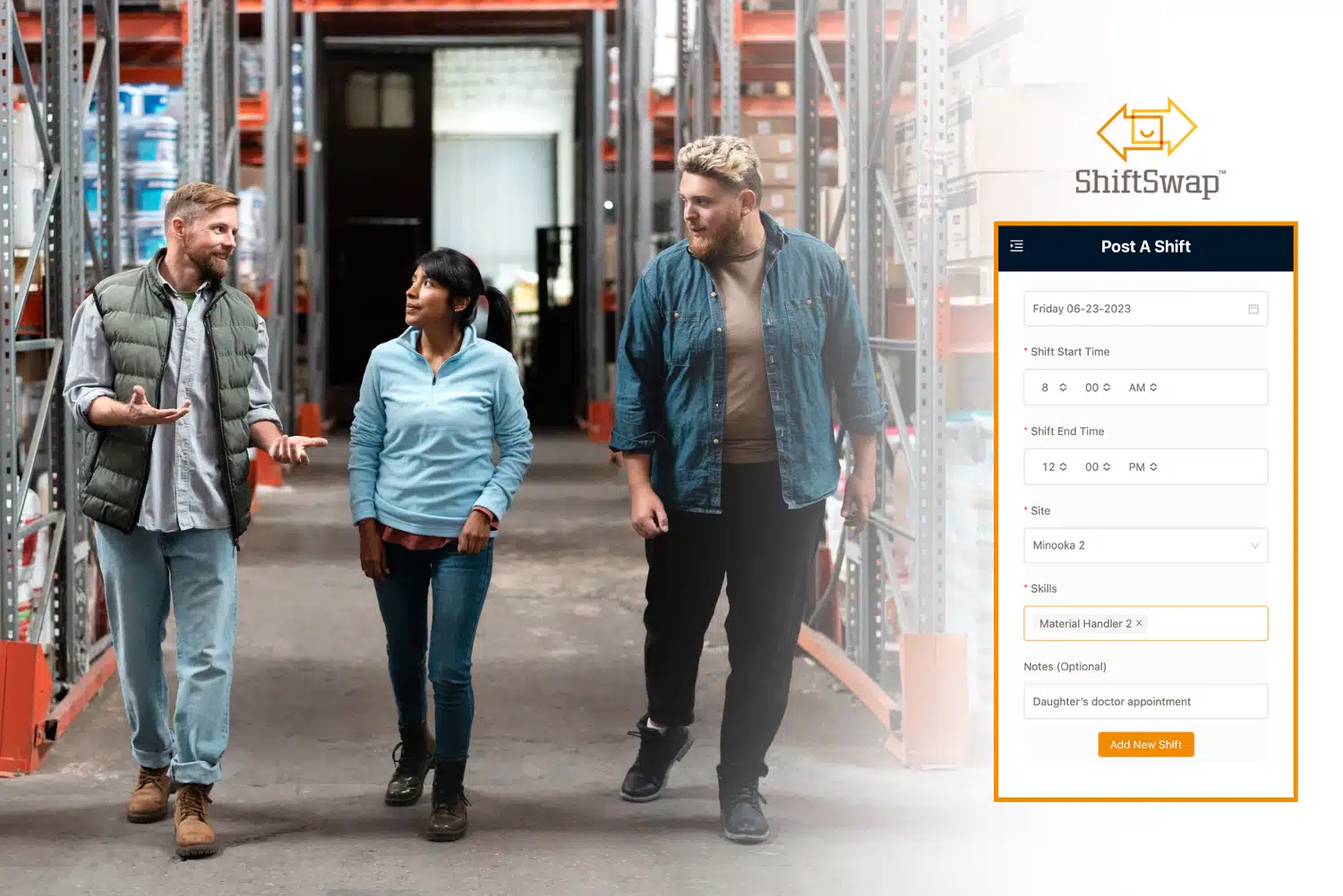 Warehouse employees walking with ShiftSwap "Post a Shift" screenshot included to demonstrate how easy it is to ask for a shift coverage at work