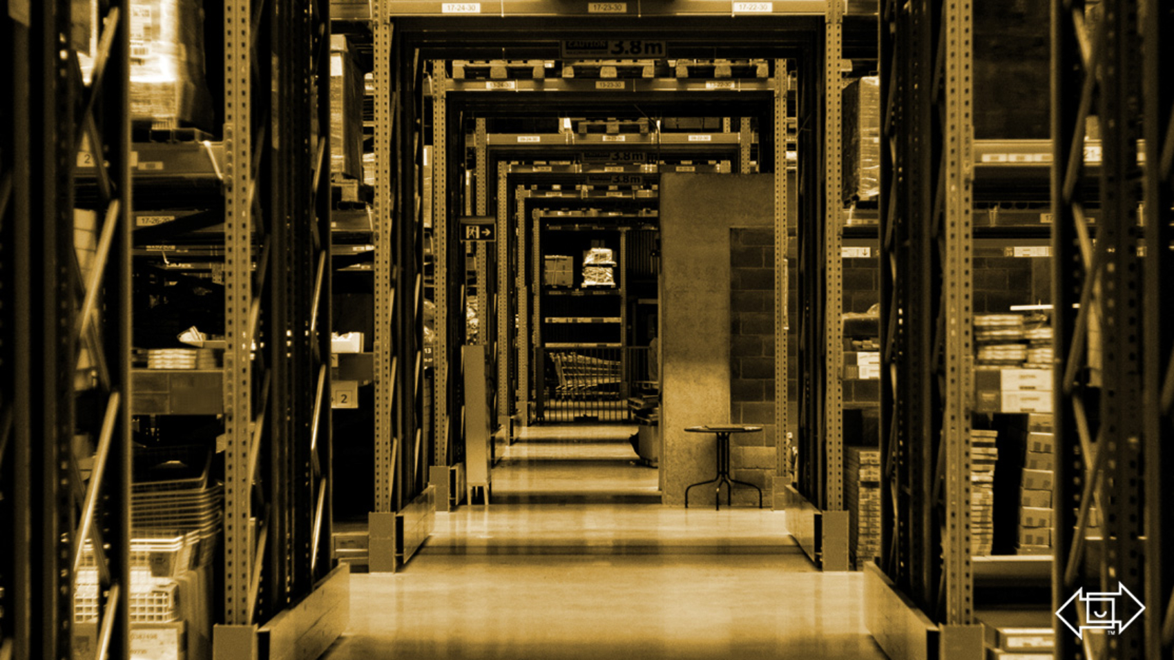 warehouse aisle with a yellow tint