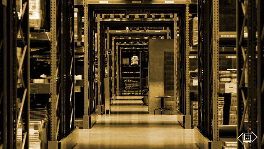 warehouse aisle with a yellow tint