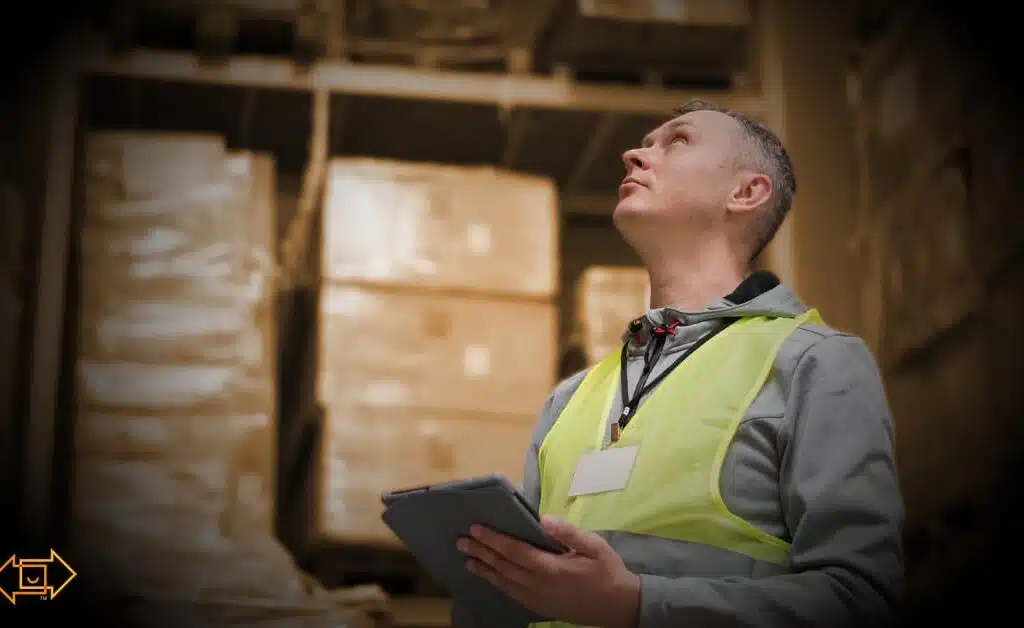 warehouse supervisor in a safety vest looking up with a tablet