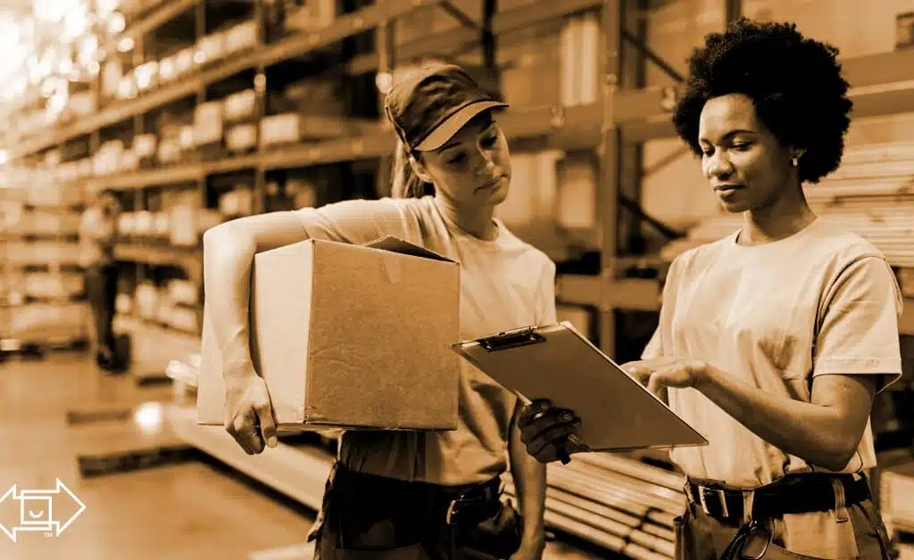 two female frontline workers in a warehouse