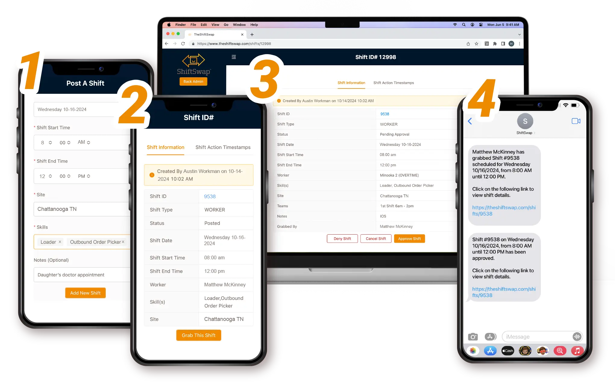 4 step mockups of phones and desktops on how to use ShiftSwap™