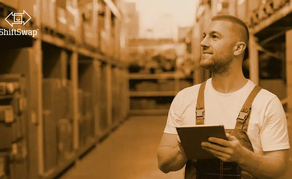 male warehouse employee with a clipboard in an aisle