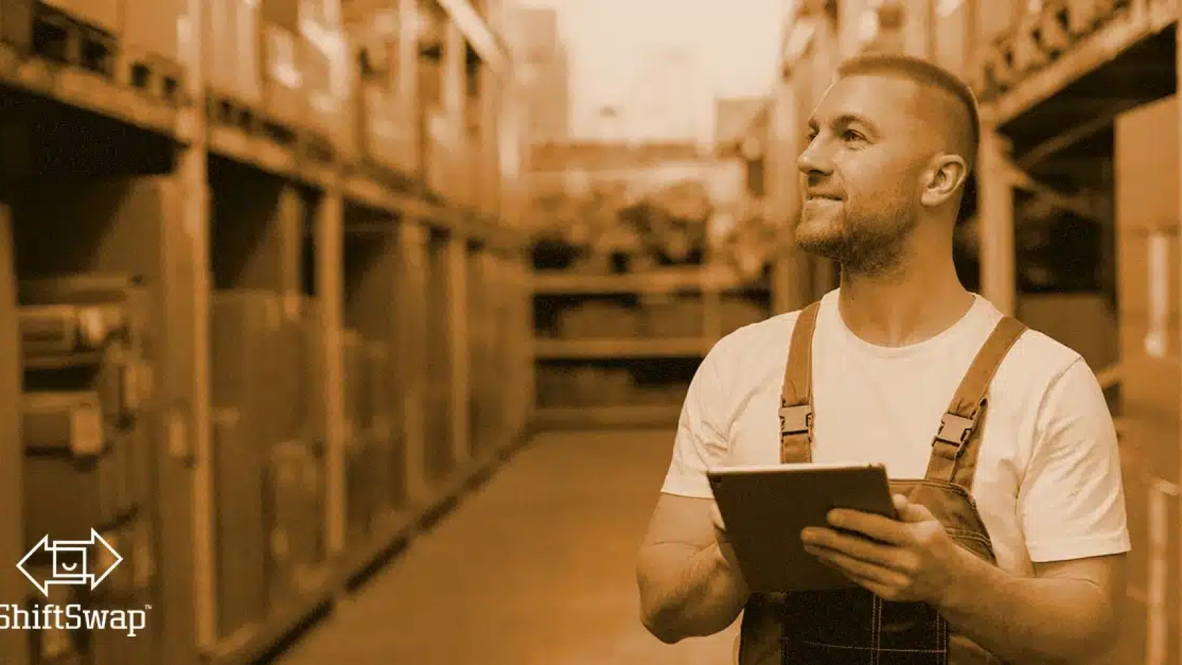 male warehouse employee with a clipboard in an aisle