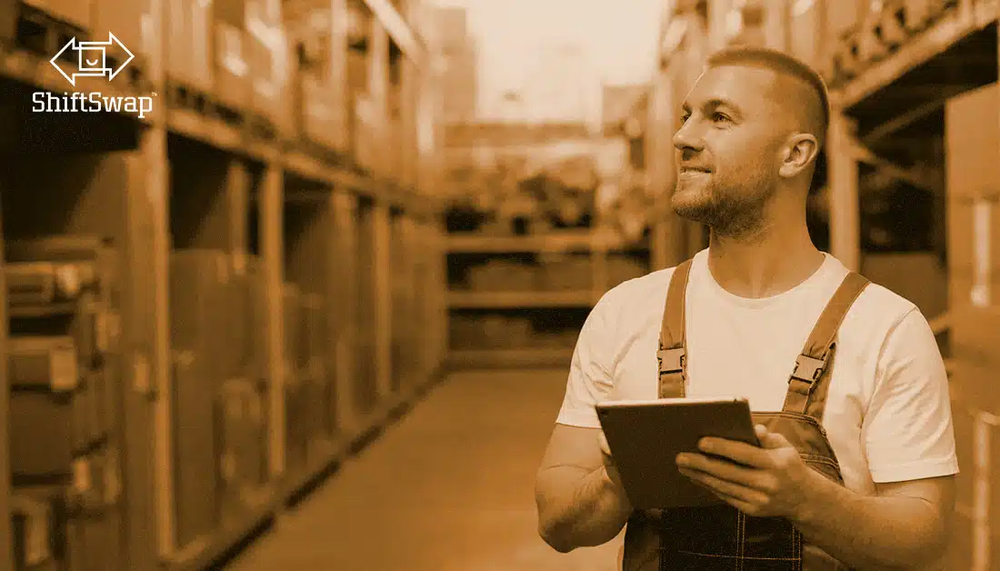male warehouse employee with a clipboard in an aisle