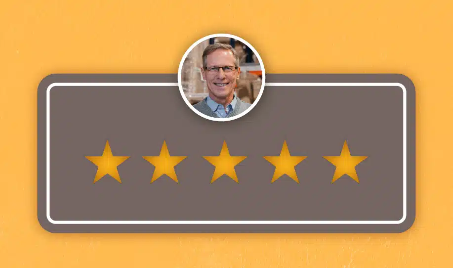 5 stars with a profile picture in a circle on top for client reviews