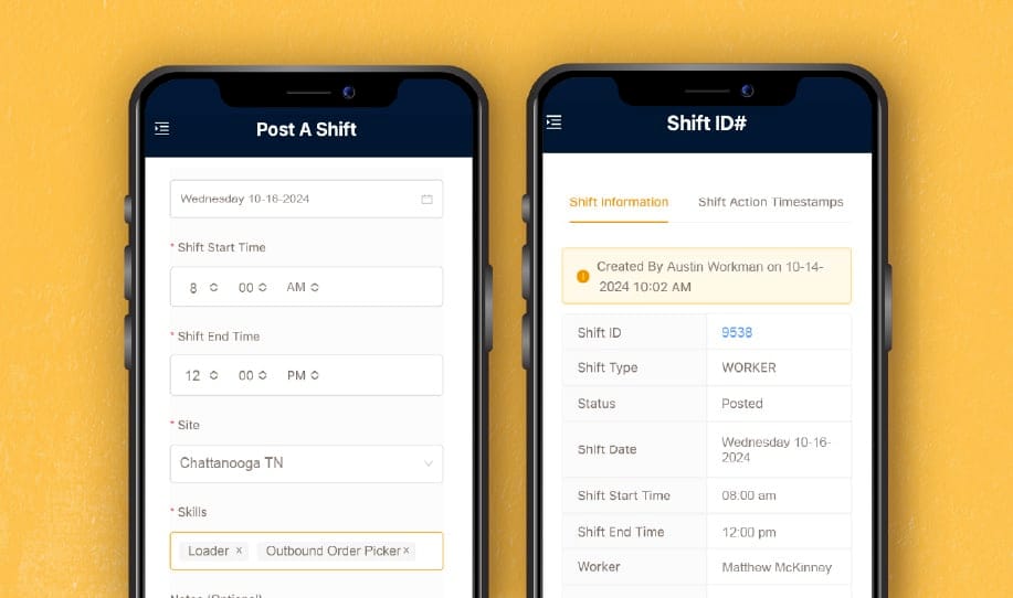 two phones side by side showing the ShiftSwap™ posting and grabbing function