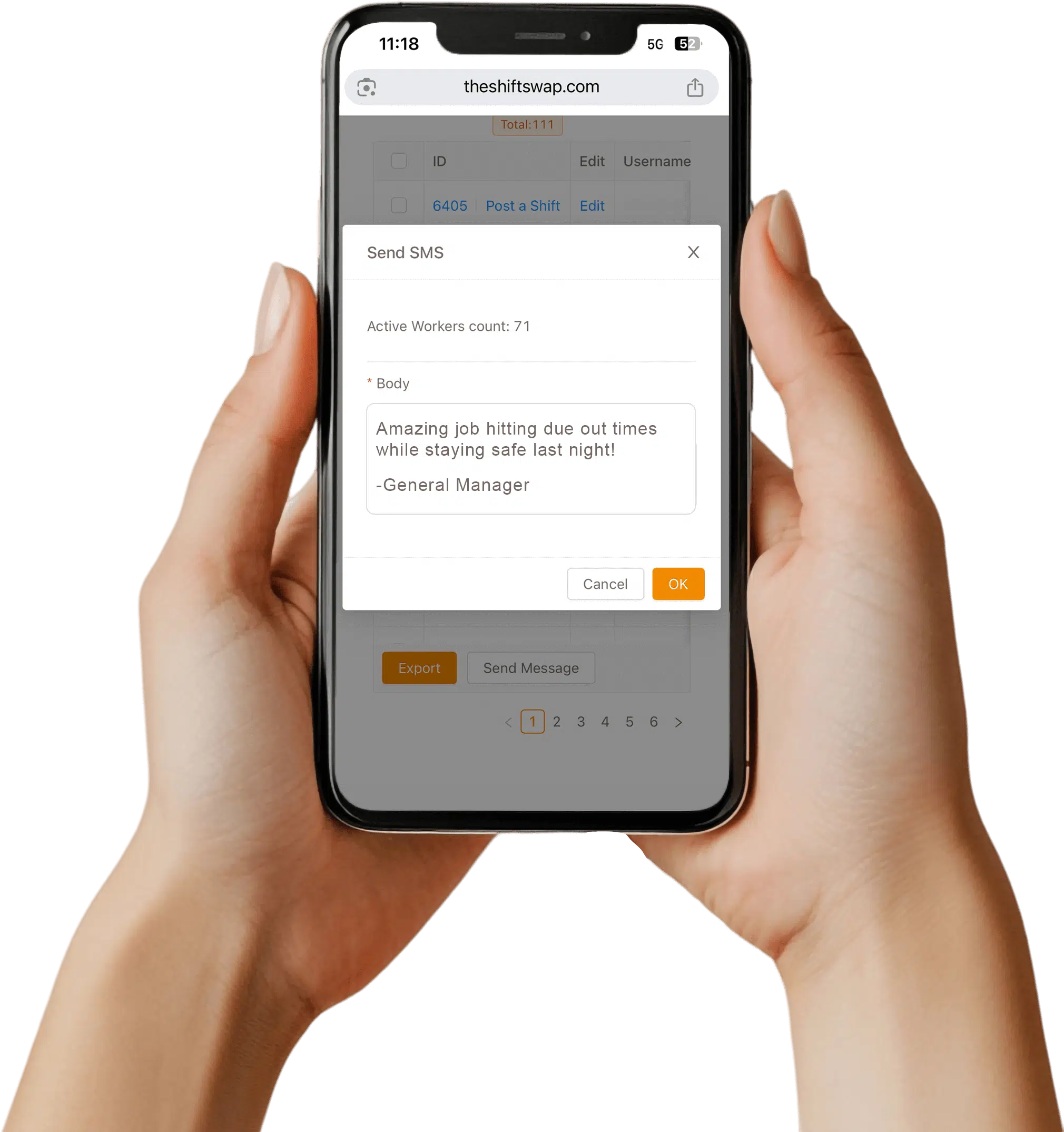 hands holding a phone about to send a SMS on the ShiftSwap™ software