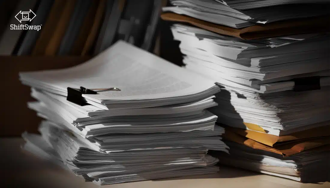 multiple labor and employment policy change papers and files stacked on top of each other