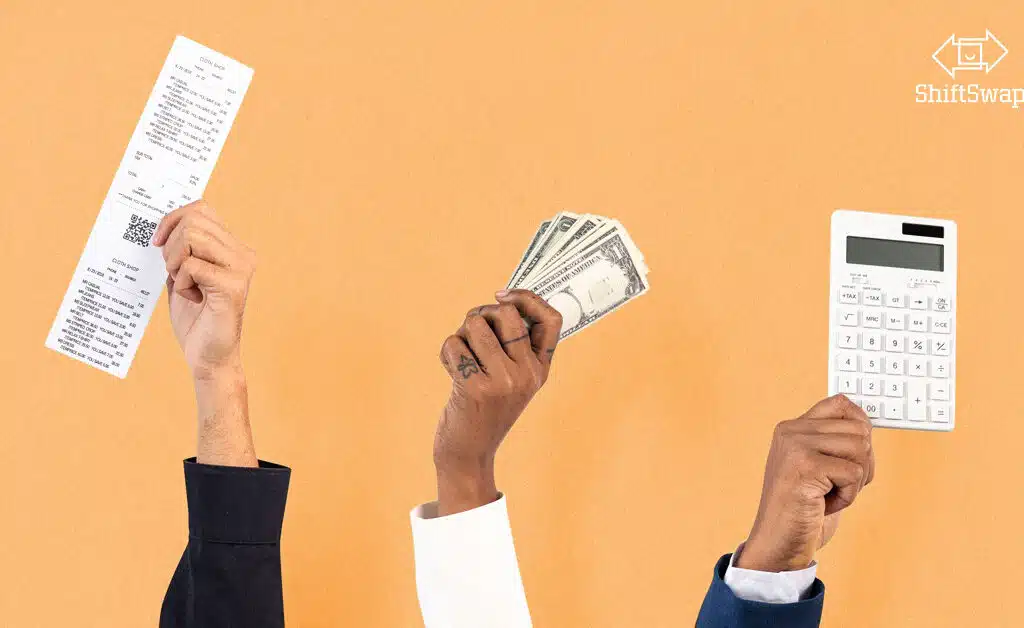 middle-class income hands raising a receipt, money, and a calculator