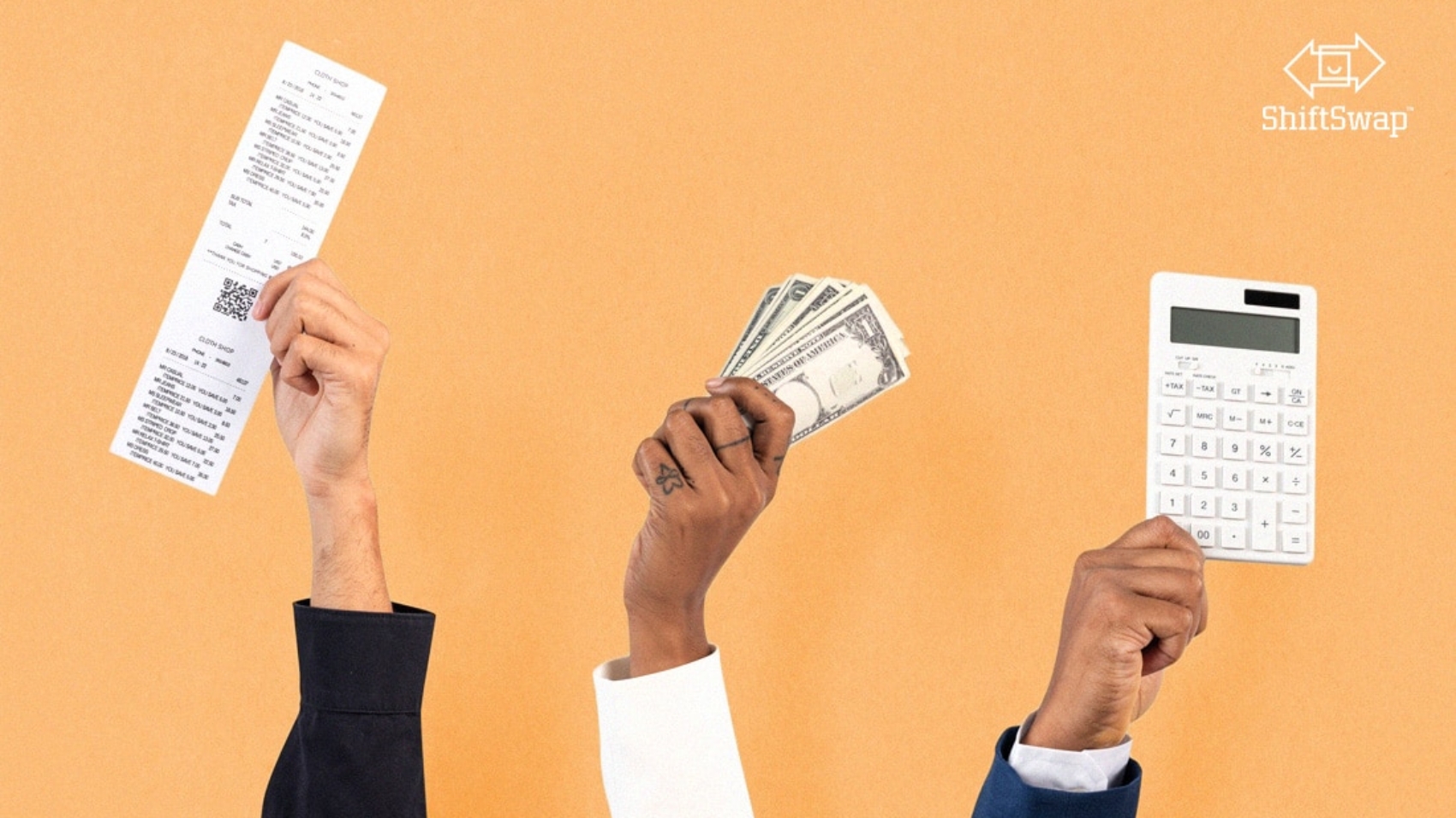 middle-class income hands raising a receipt, money, and a calculator