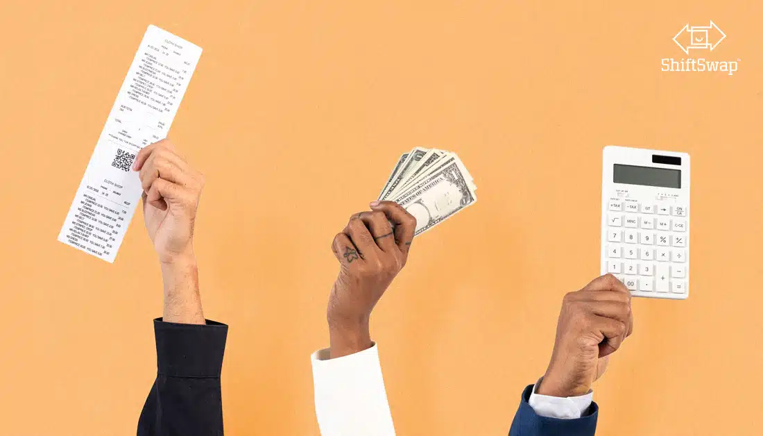 middle-class income hands raising a receipt, money, and a calculator