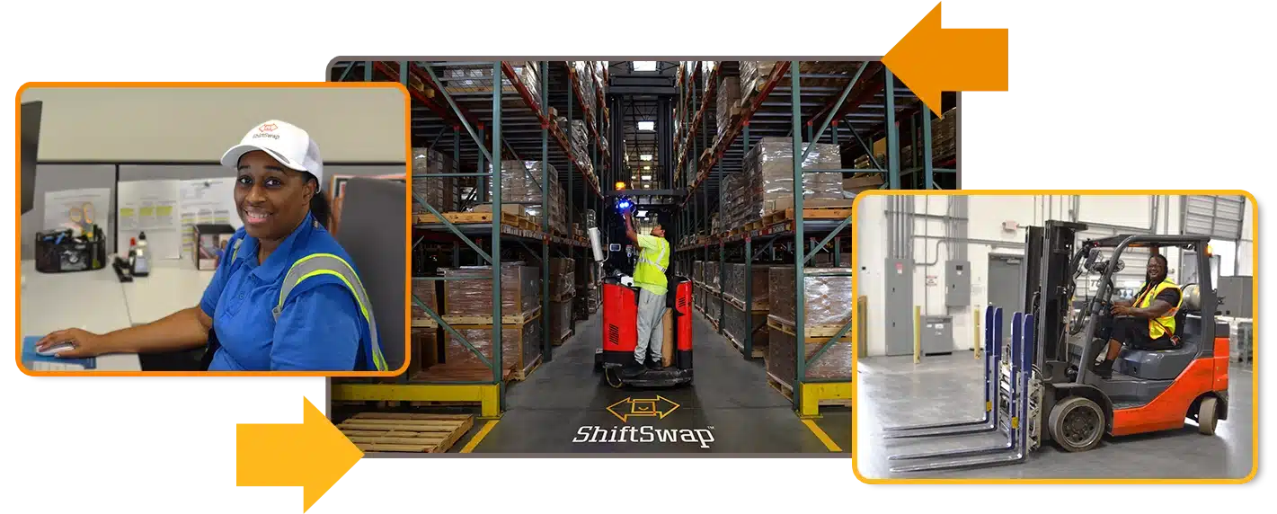 three warehouse employee images on forklifts and the office wearing ShiftSwap™ hats