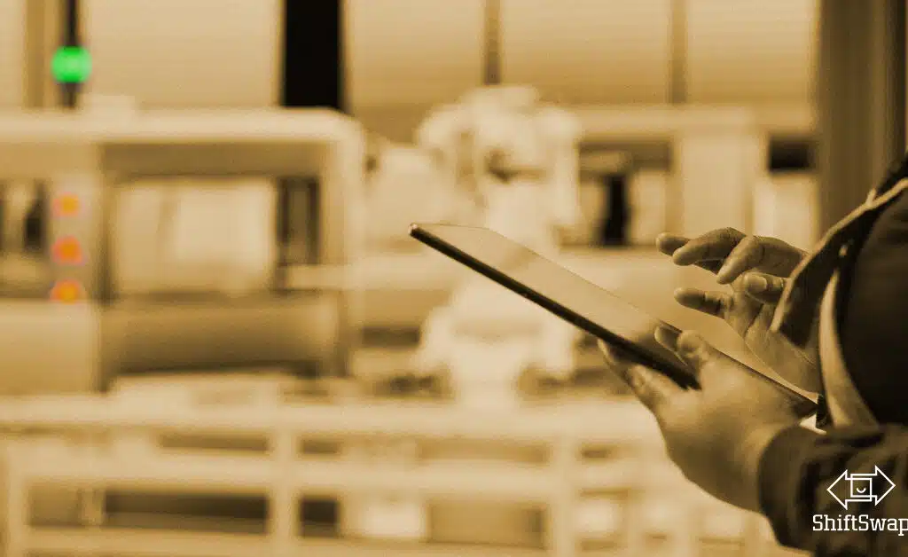 human holding tech, tablet, in a warehouse