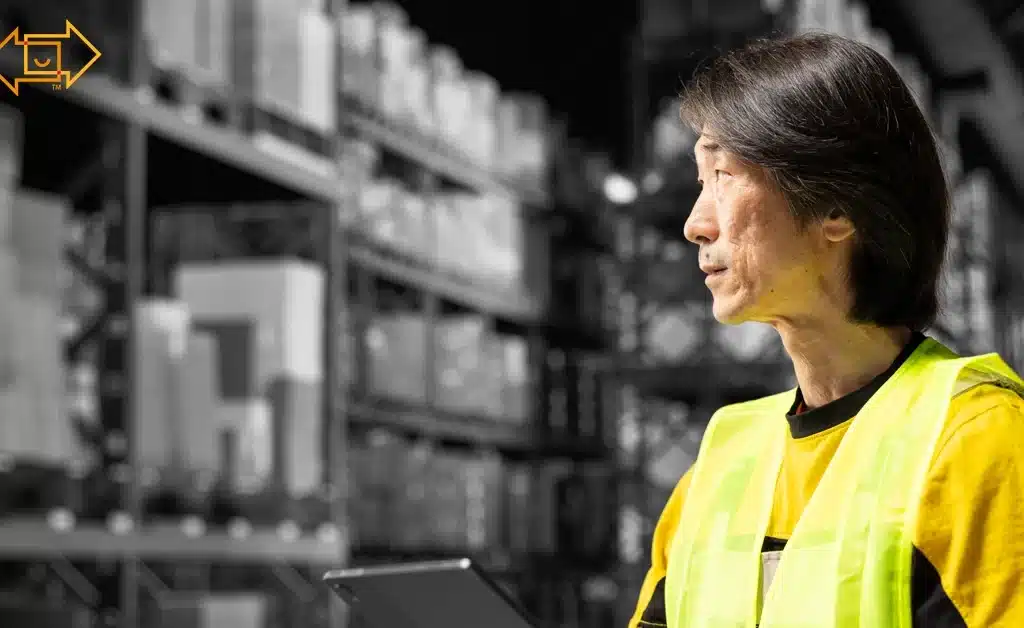 male warehouse worker looking at the site with a tablet in hand