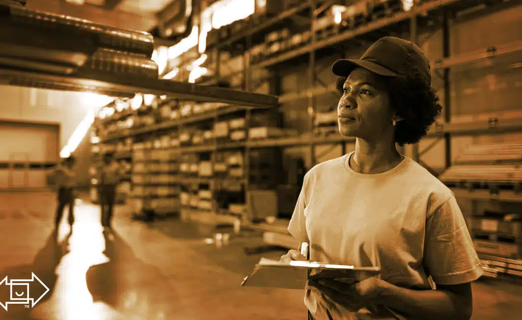 female warehouse worker with a clipboard