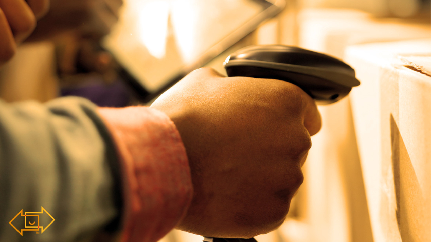 warehouse worker holding barcode scanner toward a box