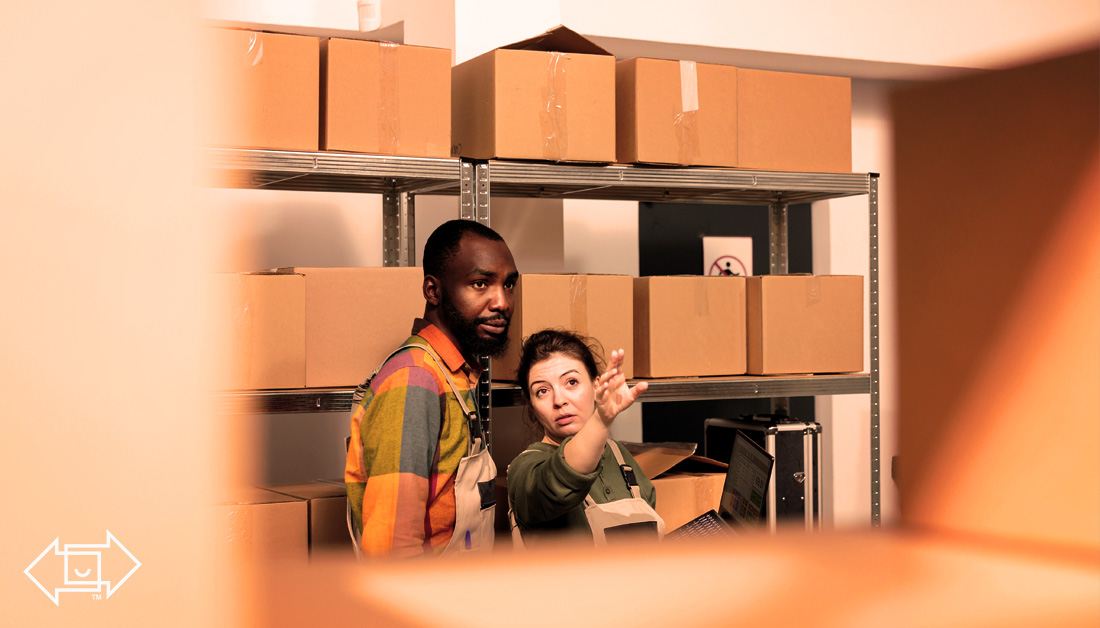 warehouse employees surrounded by boxes pointing at the warehouse