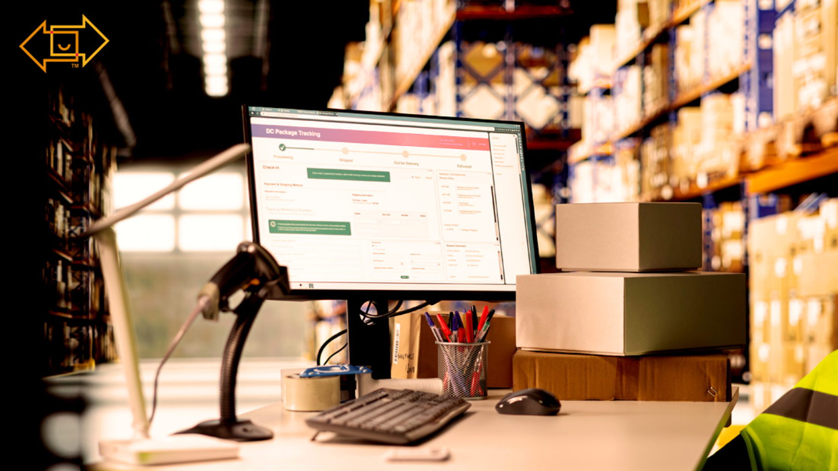 work computer in a warehouse with tracking and performance metrics on the screen