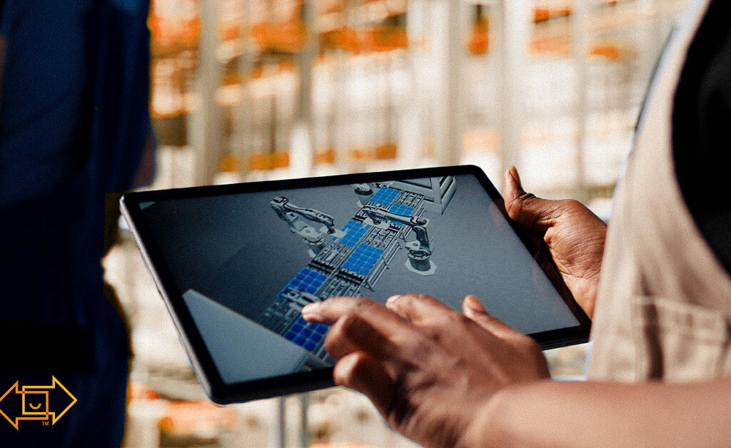 warehouse employee working on physical ai in warehouse operations on the ipad