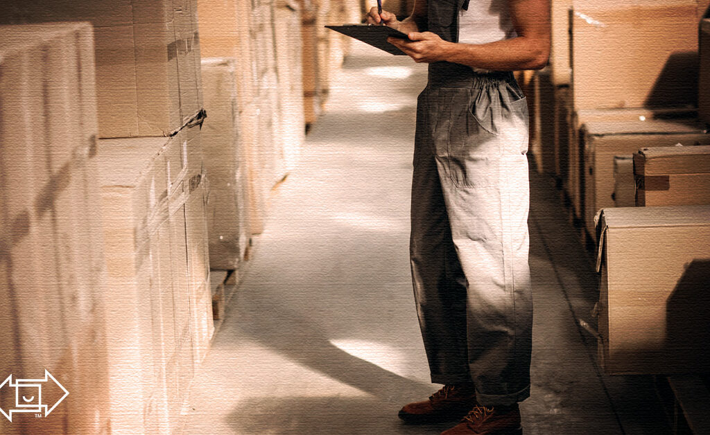 warehouse worker looking at a clipboard evaluating a client experience survey