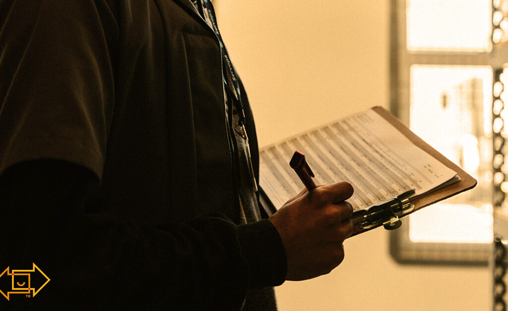 warehouse worker in an aisle writing on a clipboard